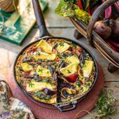Roast beetroot, greens and brie frittata