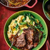 Treacle-braised short ribs with mustard mash and greens