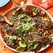 Thai-style grilled sea bass and aubergine