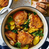 Saffron-braised chicken and potato summer stew