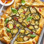 Courgette and basil galette with chilli honey
