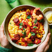 Grilled corn polenta with chorizo and prawns