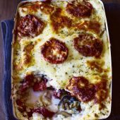 Roasted tomato, aubergine and chickpea lasagne