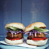 Mile-high chickpea burgers with purple coleslaw