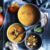 Pumpkin soup with tomato, corn and coriander salsa