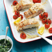 Hake with tomatoes and cucumber salsa verde
