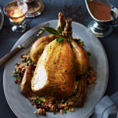 Roast chicken, gluten-free stuffing and redcurrant gravy