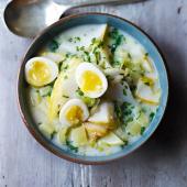 Smoked haddock and leek chowder with quail eggs