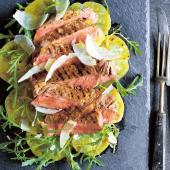 Steak tagliata with yellow tomatoes, oregano and mustard