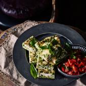 Pea, feta and basil frittata squares with a tomato salsa