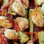Chicken, pancetta and maple syrup traybake