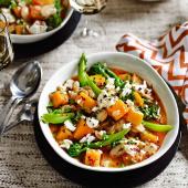 Spiced squash, butter bean and purple sprouting broccoli stew