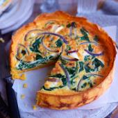 Spinach, red onion and feta quiche with a polenta crust