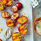 Grilled peaches, apricots and plums with nutmeg mascarpone