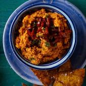 Roasted red pepper houmous with chorizo