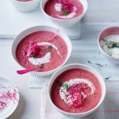 Beetroot and apple soup with soured cream and dill