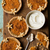Pumpkin custard tartlets with blue cheese Chantilly
