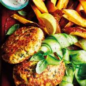 Salmon burgers with sweet potato wedges