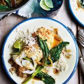 Sesame-crusted fish with ginger pak choi