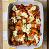 Spicy sweet potato, tomato, ricotta and egg bake