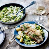 Trout, broad beans & courgettes in a wine & cream sauce