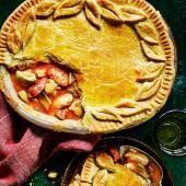 Chicken and chorizo pie with saffron pastry
