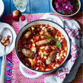 Polish sausage and beans with quick pickled cabbage