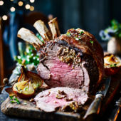 Porcini, bacon and sage roast rib of beef with port gravy