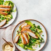 Chicken schnitzel salad with cheat’s garlic aioli