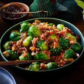 Sprouts with crispy bacon crumbs and chestnuts