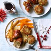 Turkey & stuffing roulades with sprout and chestnut potato cakes