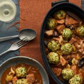 Jackfruit and mushroom stew with herb dumplings