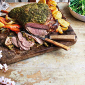 Roast leg of lamb with a watercress and caper crust