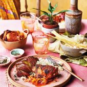 Chicken yassa with hasselback sweet potato