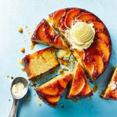 Peach upside-down cake with bourbon caramel
