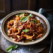 Braised jackfruit and walnut ragu with pappardelle and 'Parmesan' crumb