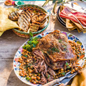 Braised shoulder of lamb with chickpeas, onions, garlic and oregano
