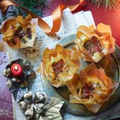 Bacon, mushroom and chestnut filo cups