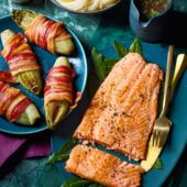 Seared salmon with tarragon red wine sauce and braised chicory