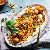 Roast jersey royals and curry leaf sweetcorn with ginger yogurt