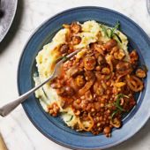 Lentil and mushrooms stew with rosemary mashed potato