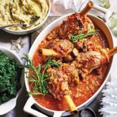 Port and chestnut braised lamb shanks with parsnip and stilton purée