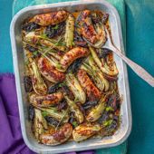 Sticky sausage, date and mustard traybake