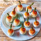 Mustard-mayo eggs with roasted asparagus and bacon