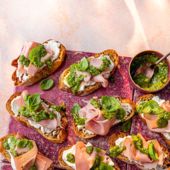 Mortadella and whipped ricotta crostini