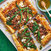 Sausage and broccoli traybake tart 