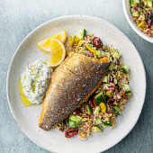 Sea bass with brown rice salad tzatziki 