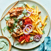 Minted pork souvlaki with herby yogurt
