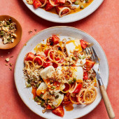 Silken tofu with spicy tomatoes and peanut crunch