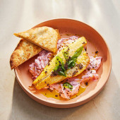 Sea bass with beetroot raita
